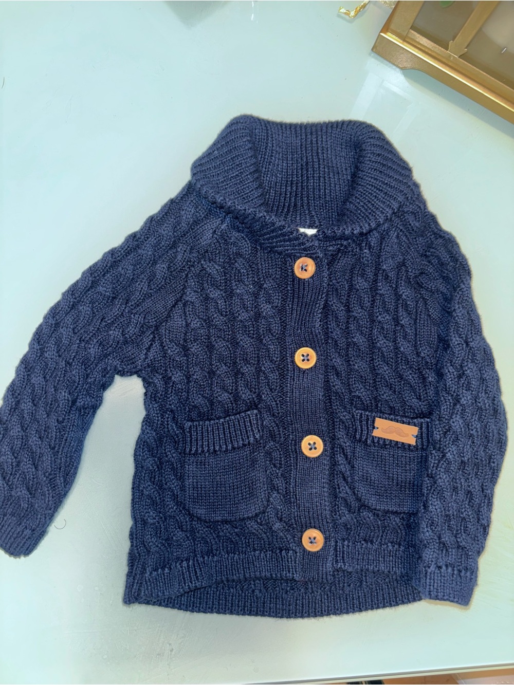Little Gem- Children's Navy Cable Knit Shawl Collar Cardigan